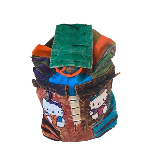 HELLO Kitty style burlap Kantha bohemian patchwork knapsack backpack Large - Picture 6 of 16